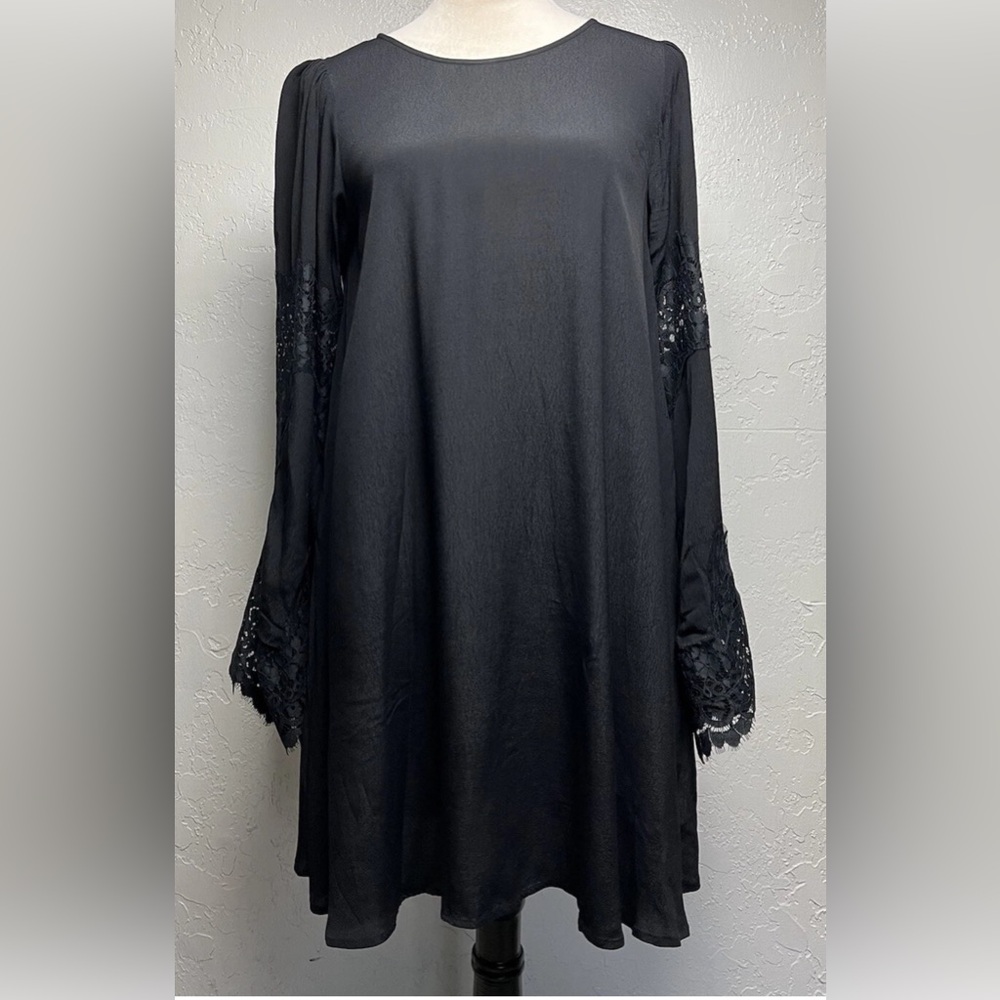 For Love and Lemons Le'Veon Lace Trim Mini Dress Sz M Bell Sleeve Black Festival